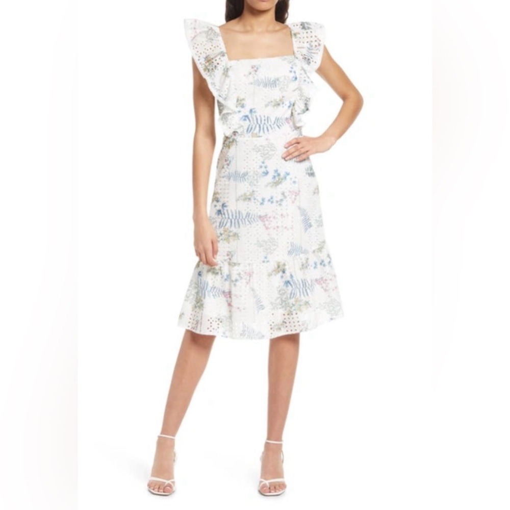 Women’s White Floral Eyelet Dress with Ruffle Sleeve